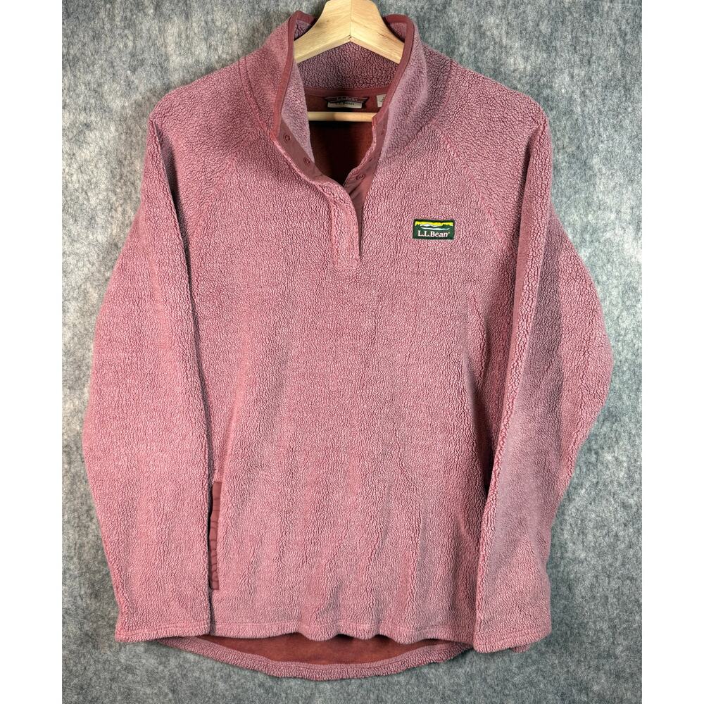L.L. Bean Pink Sherpa Quarter Snap Large Pullover Sweatshirt Pockets Cozy
